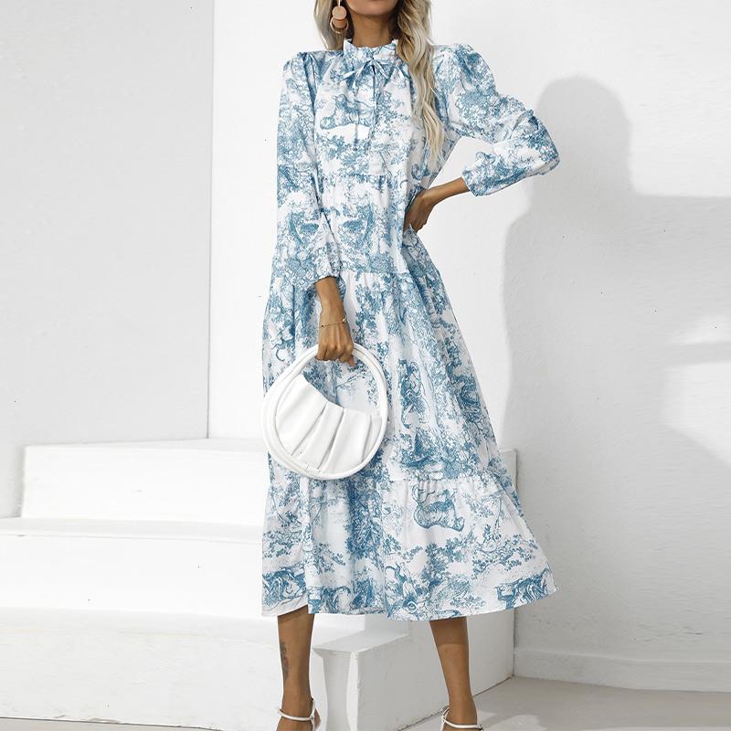 Autumn Long Sleeve Womens Midi Dress O-neck Chic Floral Print Lace Up Loose Female Dresses Elegant Ladies Vestidos, Dark green
