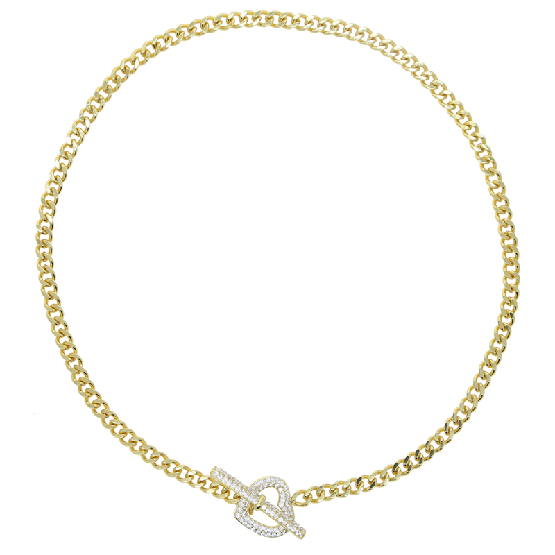 Cuban k Chain Heart Clasp Necklace: Gold-Plated Micro Paved Clear Cz