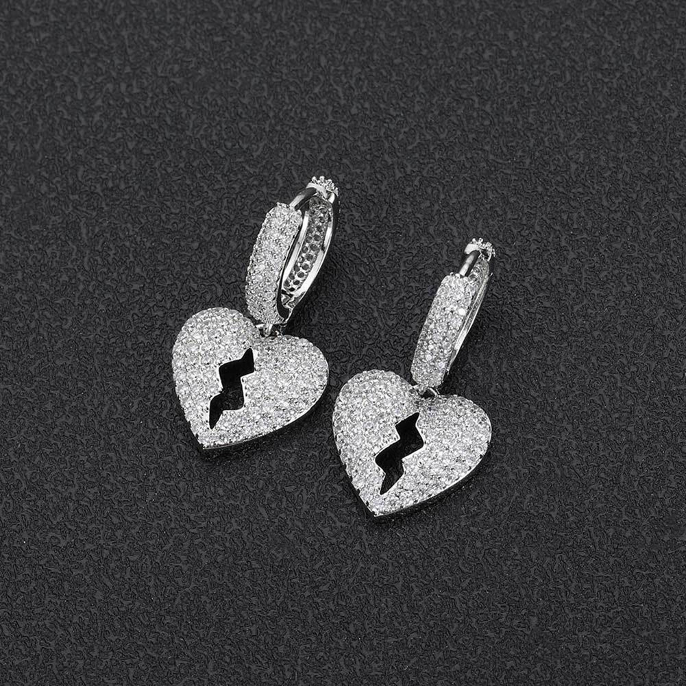 Hip Hop Heartbreak Dangle Earrings Bling White Zircon Hoop Earrings 18K Real Gold Plated Jewelry