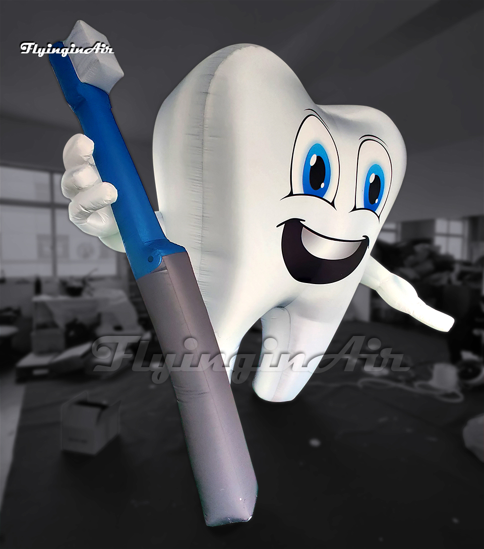 Personalized White Inflatable Tooth Model 2m/3m Advertising Cartoon Figure Balloon Air Blow Up Tooth Man Holding A Toothbrush For Dental Clinic