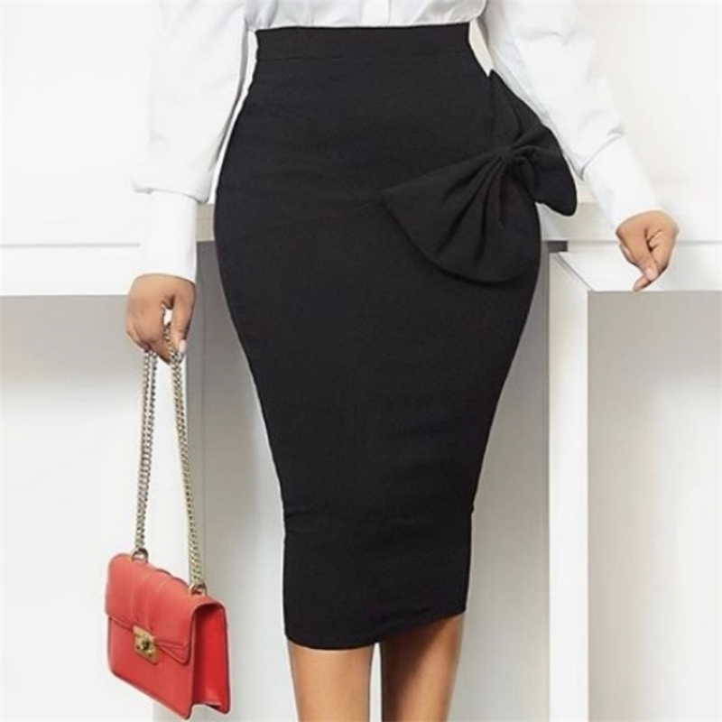 Women Black High Waist Skirts Bodycon Pencil Office Ladies Big Bowtie Summer Fall African Modest Elegant Retro Jupes Falad Saia 210306