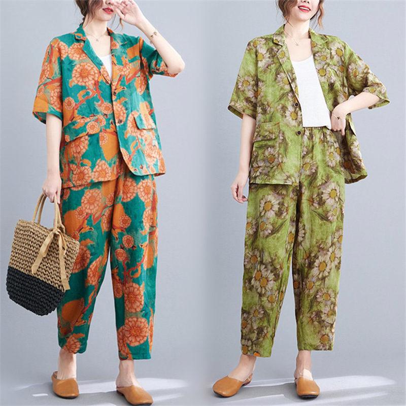 Women's Two Piece Pants Retro Vintage Cotton And Linen Suit Jacket Harem Wide Leg 2022 Summer Loose Casual Women Floral Printed Set H158Wome, Green
Women's Two Piece Pants Retro Vintage Cotton And Linen Suit Jacket Harem Wide Leg 2022 Summer Loose Casual Women Floral Printed Set H158Wome, Green