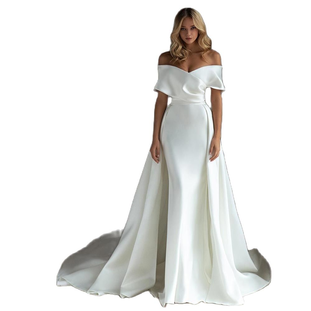 Stylish Mermaid Wedding Dresses With Detachable Train Off The Shoulder Neck Plus Size Bridal Gowns Satin Vestido De Novia