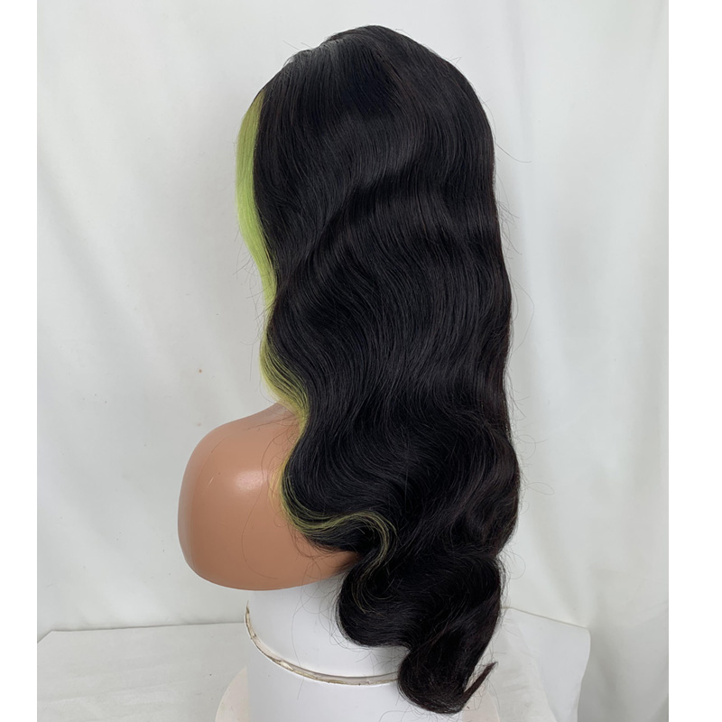Brazilian Human Hair 13X4 Lace Front Wig Body Wave 1B Highlights Two Strands Green 12-32inch 180% Density 210% Density
