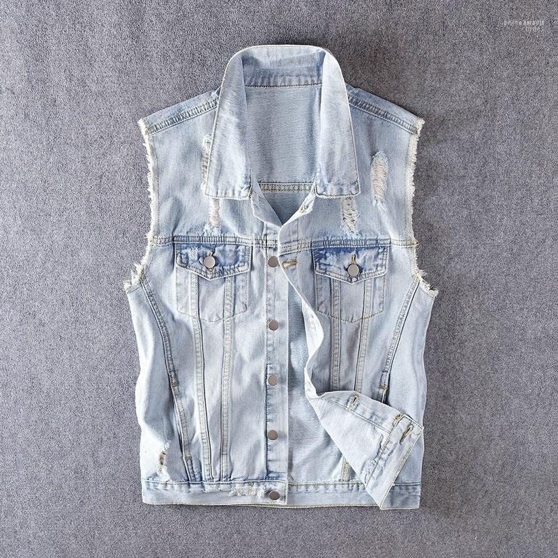 Men's Vests Vintage Light Blue Denim Vest Men Japanese Hole Ripped Slim Fit Sleeveless Waistcoat Cotton Single Breasted Summer Mens Phin22
Men's Vests Vintage Light Blue Denim Vest Men Japanese Hole Ripped Slim Fit Sleeveless Waistcoat Cotton Single Breasted Summer Mens Phin22