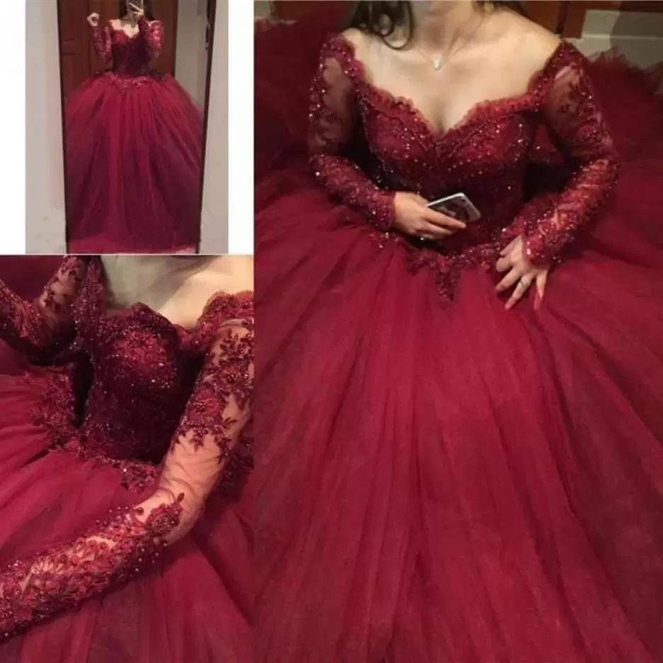 Quinceanera Dresses Tulle Bury With Lace Applique Crystals Beaded Long Sleeves Formal Pageant Prom Gown Sweet Ballgown Floor Length Custom Made Vestid