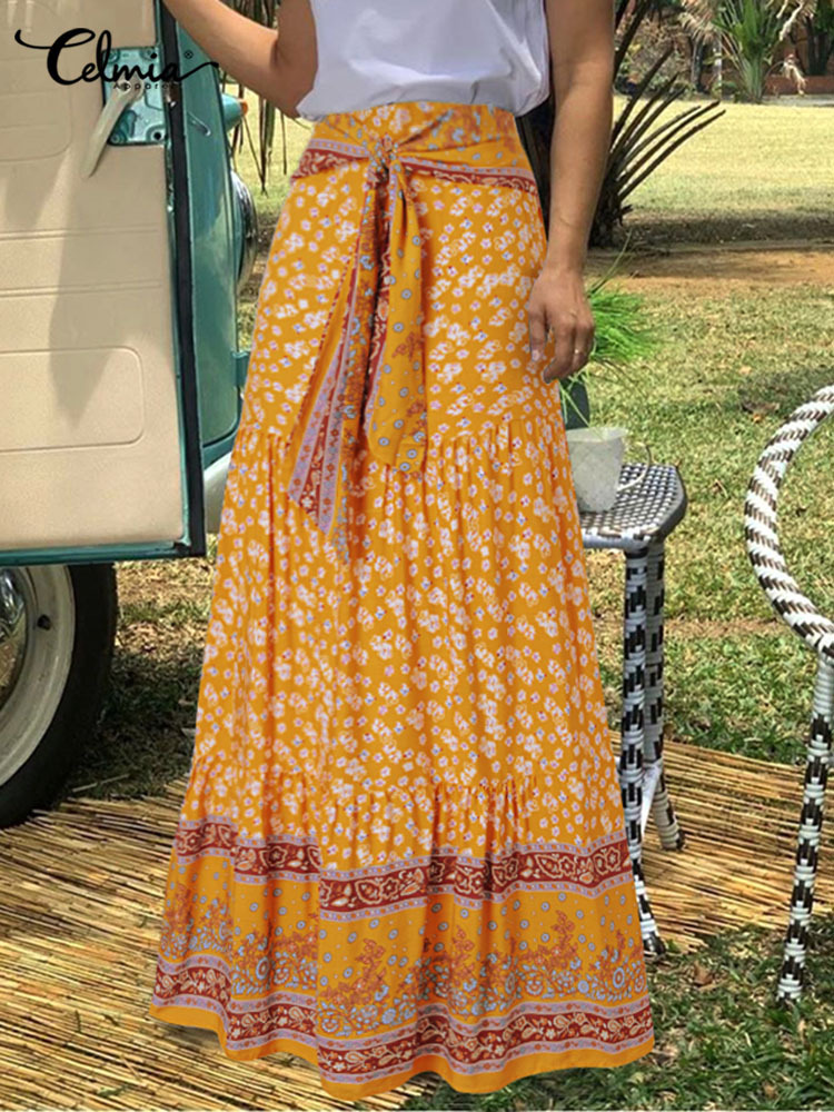 Long Skirts Women Fashion Celmia Autumn Bohemian Floral Printed HighWaisted Maxi Skirt Vintage Casual Loose Bandage Bottom 220701