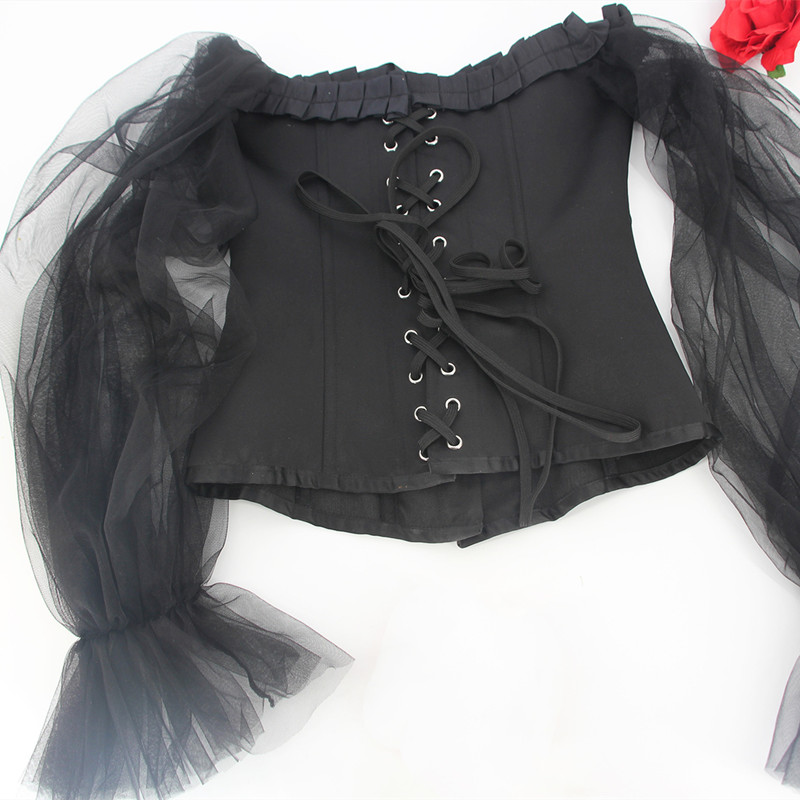 Black Satin Overbust Corset Top with Court Neck and Long Mesh Sleeves Lolita 2022 New Victorian Steel Bones Shaper Bustiers