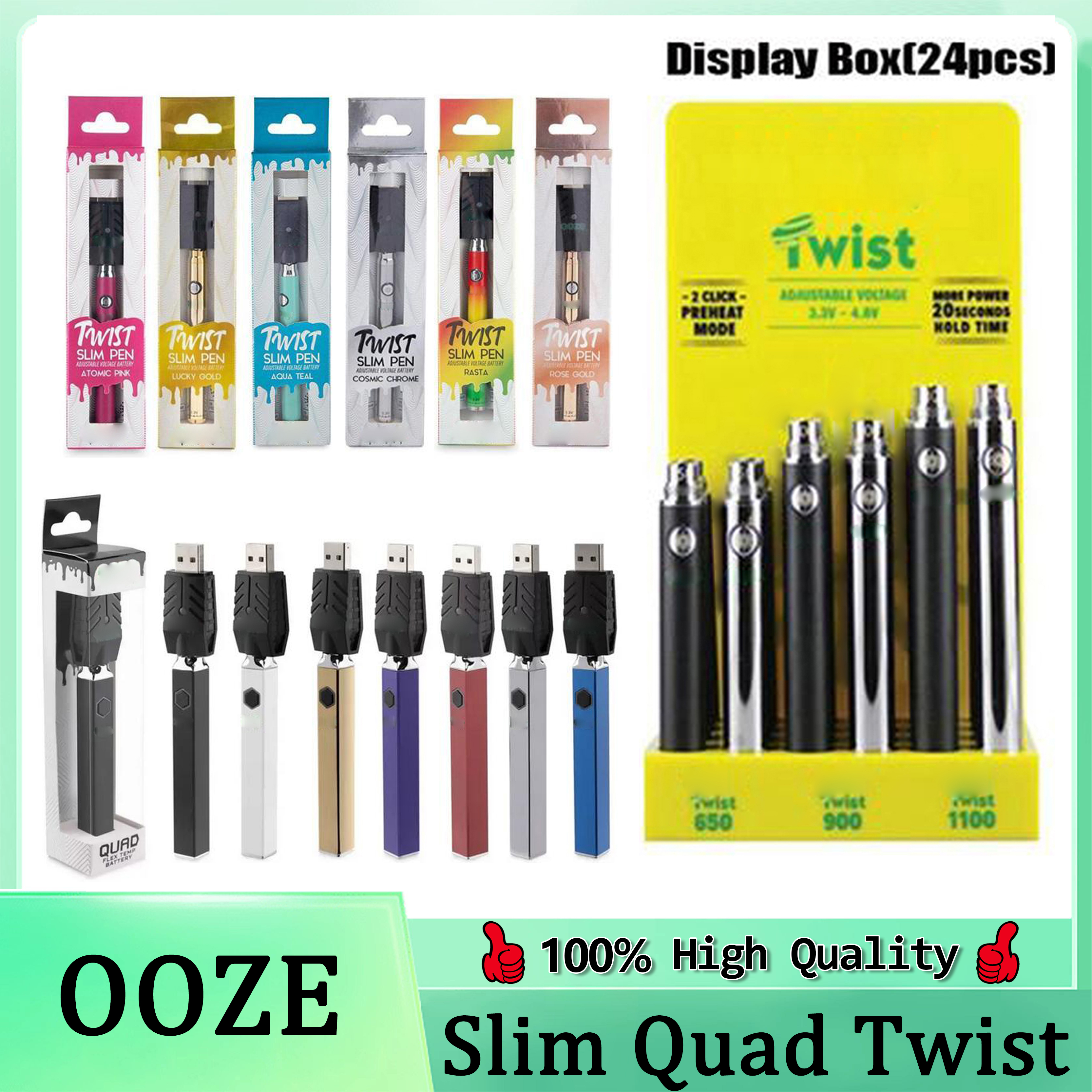 Slim Twist Pen Quad Twist Preheat Battery 650mah 900mah 1100mah With Display Box Variable Voltage 510 thread Vape PK Vision Spinner
Slim Twist Pen Quad Twist Preheat Battery 650mah 900mah 1100mah With Display Box Variable Voltage 510 thread Vape PK Vision Spinner