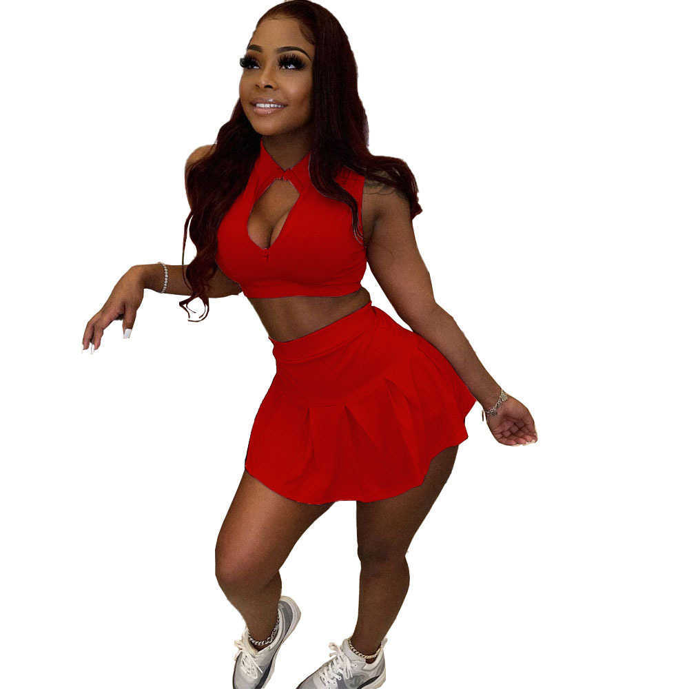 women's fashion casual sexy solid color pleated slim fit vest skirt pants sports two-piece set