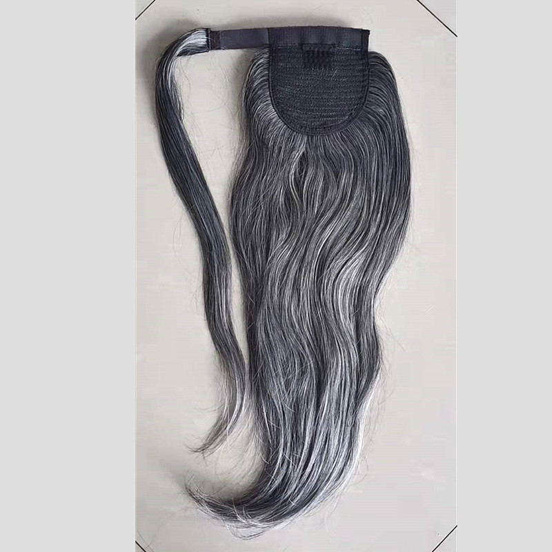 Salt and pepper silver grey ponytail hairpiece wraps gray straight Grey Hair Wrap Drawstring Clip Human seamless