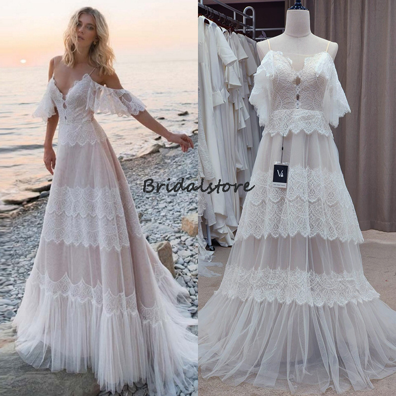 Chic Fairy Boho Lace Wedding Dress 2022 A Line Spaghetti Straps Cupcakes Beach Robe De Mariée Corset Back Civil Hippies Bohemian Country Bride Dresses