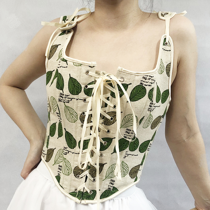 Women Corset Crop Tanks Fashion Linen Leaves Printed Tupe Tops Vintage Plastic Boned Overbust Bustier Camis Cyber Baby Tee Gothic Ropa Fairycore XXS-3