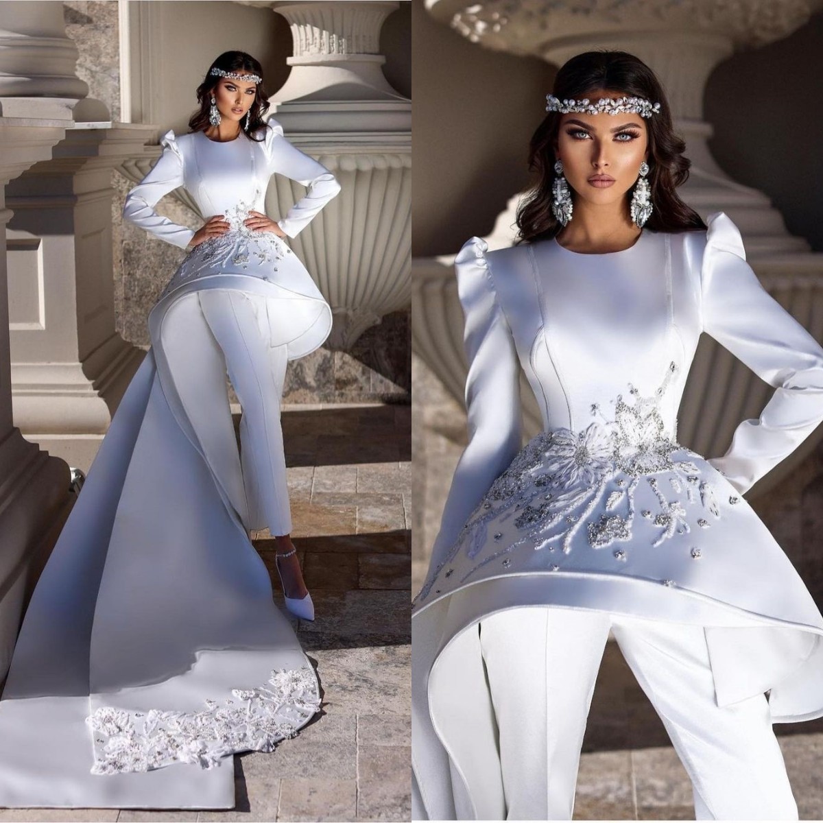 Gorgeous Satin Jumpsuit Wedding Dress With Train Long Sleeve Summer Holiday Outdoor Bridal Reception Gown Pant Suits