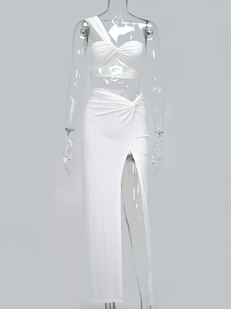 Asia Sexy Crop Top Side Split Long Skirts Two Piece Set Women Twist One Shoulder 2 Piece Sets Summer White Party Clothes 220602