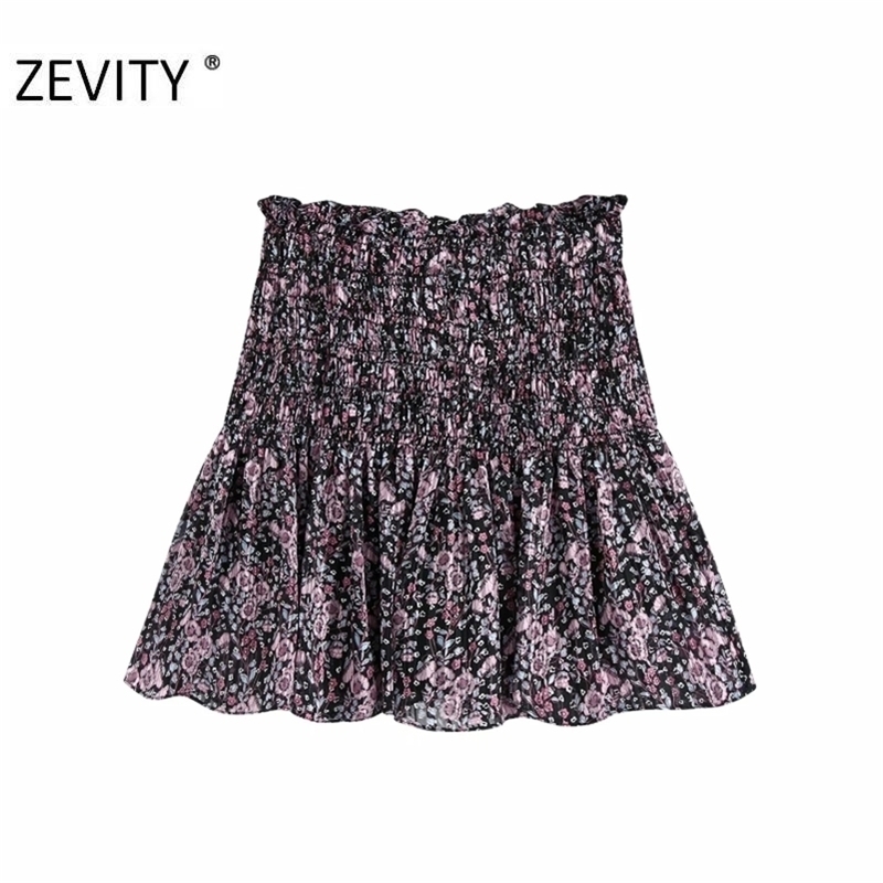 ZEVITY Women vintage tropical flower print pleated mini skirt faldas mujer ladies casual slim ruffles chiffon skirts QUN671 210306