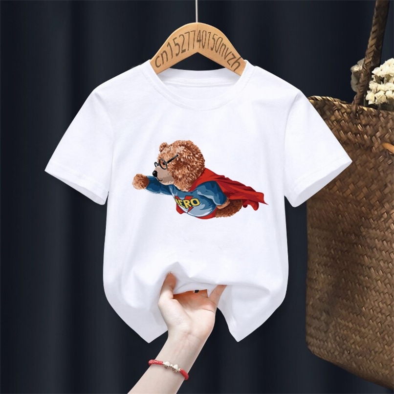 Funny Bear Riding Motorcycle Print Boy Girl White T shirt Kid Summer Harajuku Kawaii Little Baby Y2K Clothes Drop Ship 220614