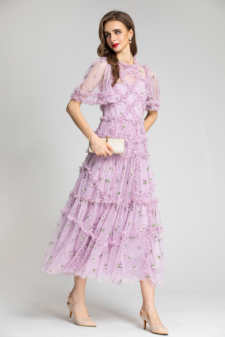 Women's Runway Dresses O Neck Short Sleeves Embroidery Ruffles Printed Elegant Long Party Evening Prom Gown