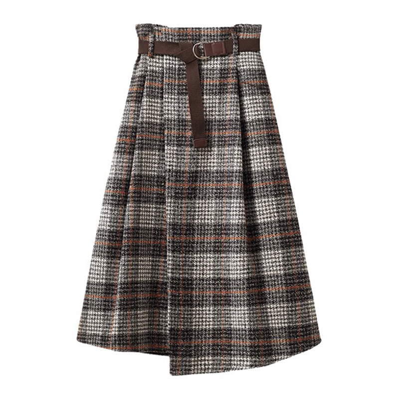 Skirts Women Retro Plaid Fall Winter Midi Skirt A-line High Waist Office Lady Fashion Female Stylish Plus Size Clothes 220317