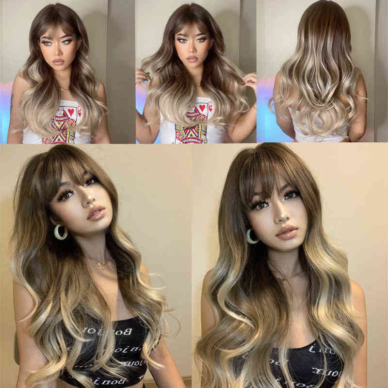 

Hair Synthetic Wigs Cosplay Henry Margu Brown White Ash Gray Blonde Ombre Synthetic Wigs for Black Women Afro Long Wavy Wig with Bangs Lolita Cosplay 220225, Lc253-1