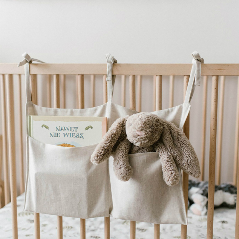 Elinfant Multifunctional Hemp Cotton Baby Crib Organizer Hanging Bag Wall Hanging Bedside Storage Bag 220531