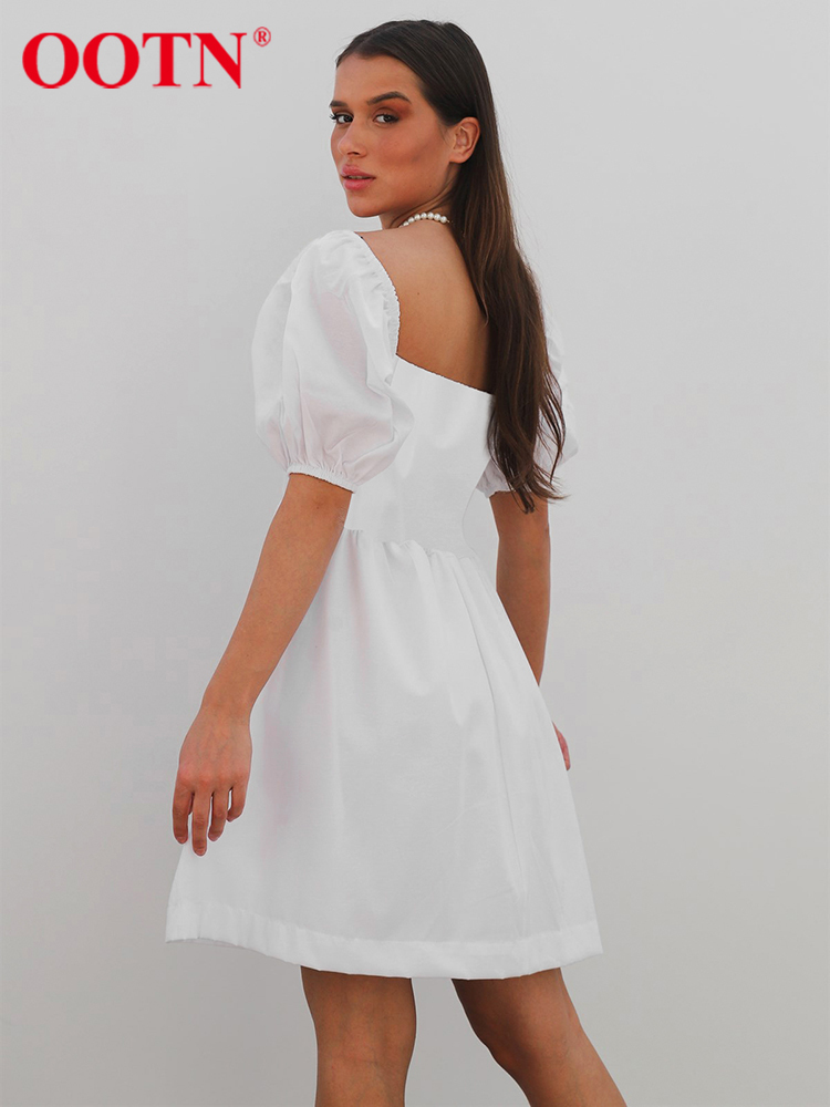OOTN White Sweet Dress Summer Square Neck A-Line Elegant Women Dress Puff Sleeve Ruched Casual Mini Dress Lady Lovely Loose 220511