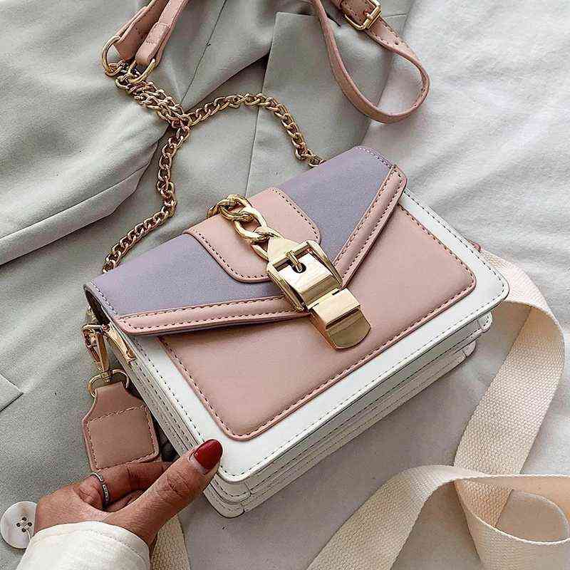Evening Bags Fashion Chain Lady Sling Bag Panelled Color Pu Leather Crossbody for Women New Wide Strap Shoulder Messenger Ladies 220428
