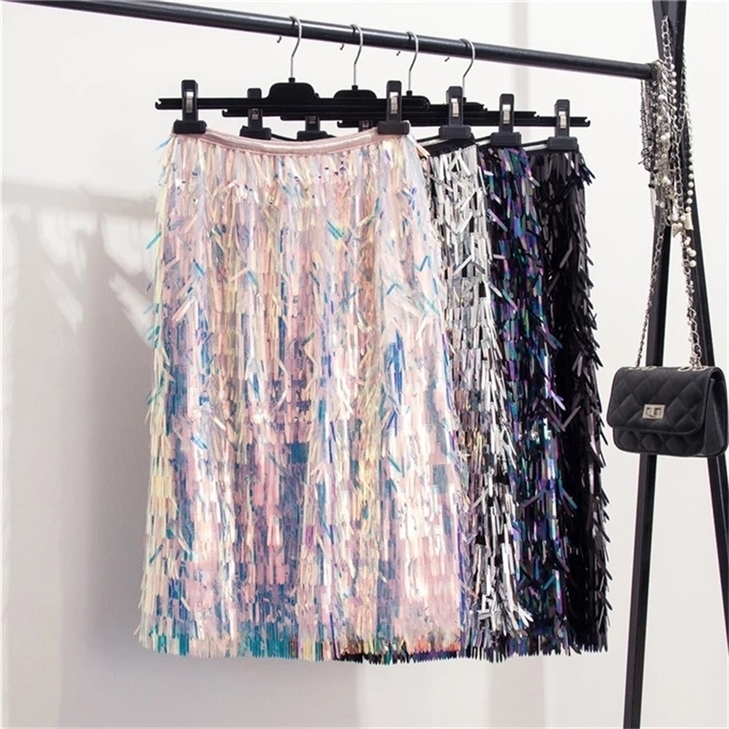 Marwin NewComing Autumn Winter Sequins Skirts Fashion Beading KneeLength Empire Sexy Club Christmas Skirts T200106