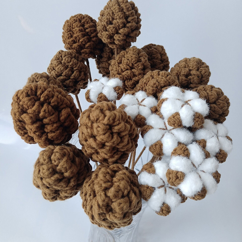 Handmade woolen knitted pine cone bouquet cotton bouquet Xuefeier five strands of finished simulation wool flower 5 pieces