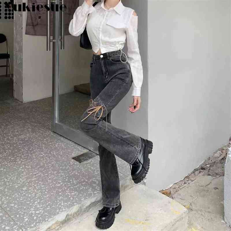 

Micro Flared Jeans Women's Fall Winter Design Niche Sense Of Strappy Slit High Waist Skinny Straight-leg Trousers Female Casual T220728, Black forked