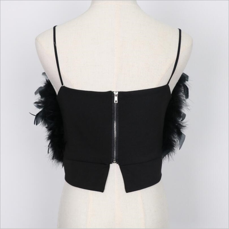 Fashion Women Sexy Furry Tops Camis Casual Tank Vest Sleeveless with Real Ostrich Feather T02 220325