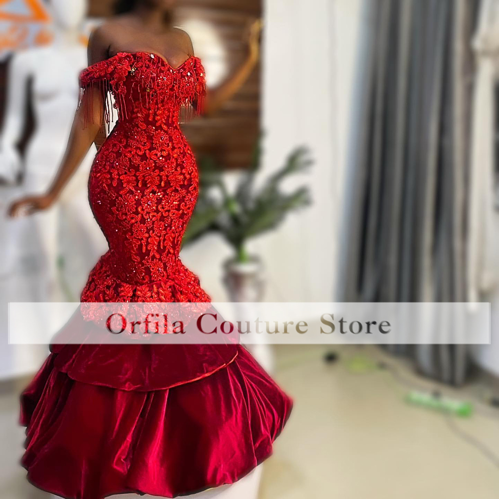 Aso Ebi Evening Dress Mermaid Off Shoulder Appliques Lace Prom Gowns Arabic Occasion Party Reception Dress