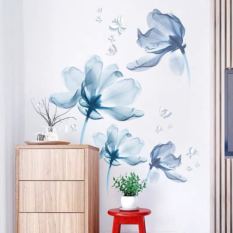 Large 3D Blue Flower Wall Stickers Butterfly for Home Decor Living Room Decoration Wall Decals DIY Wallpaper Art Poster