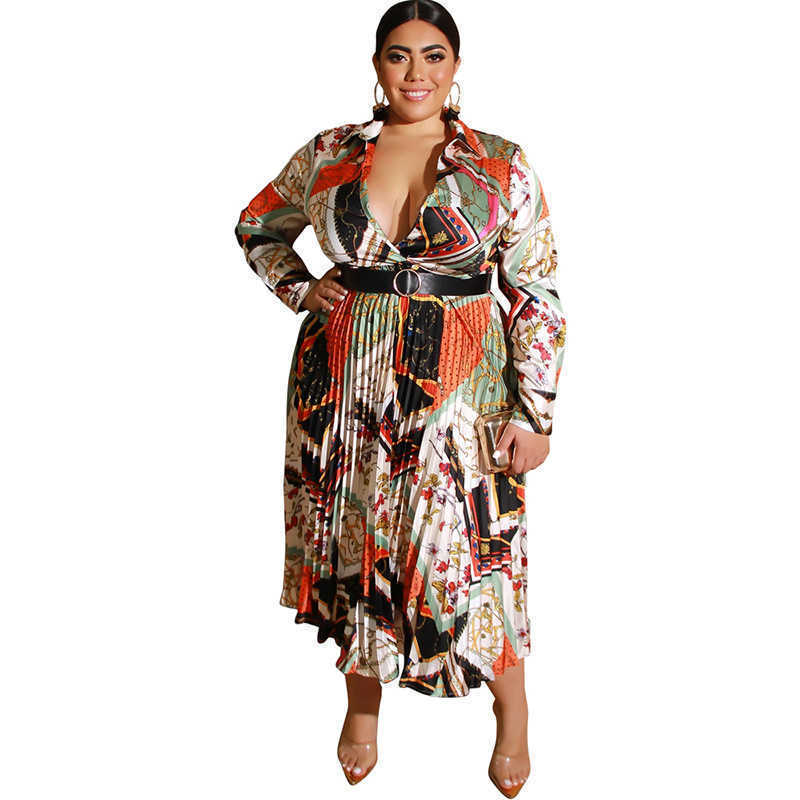 Designer fashion women's plus-size dresses long skirt print pleated color deep V sexy dress with belt large women's dress