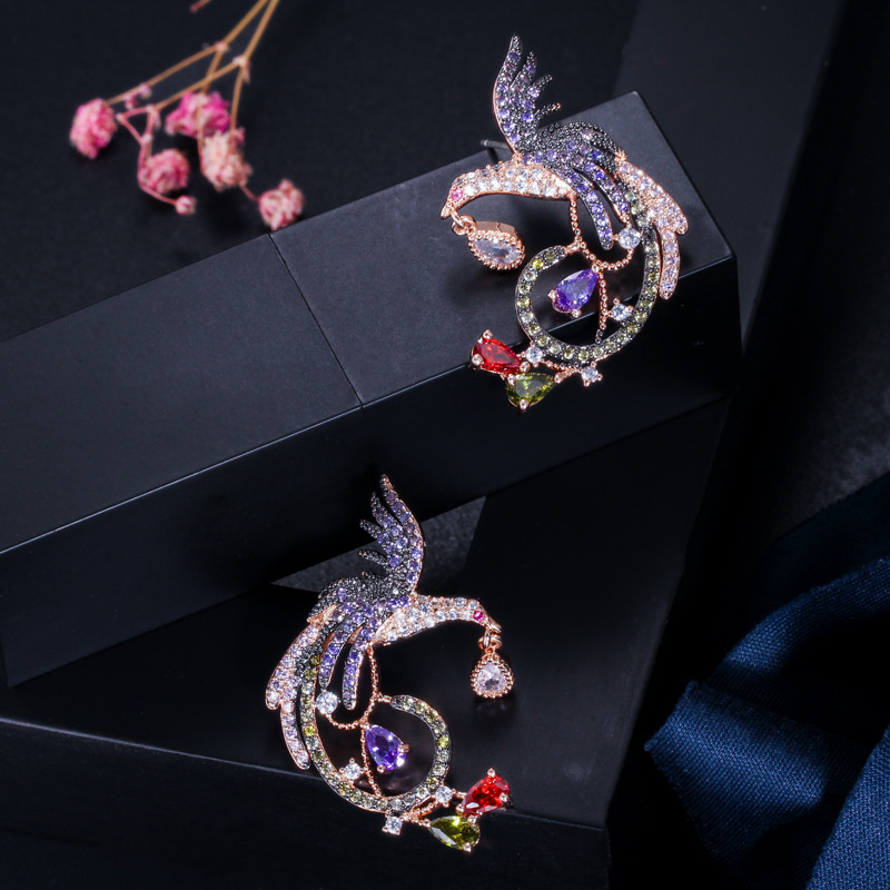 Bling Colorful Zircon Chinese Phoenix Dangle Drop Earrings Wedding Earrings for Women Gril Gift