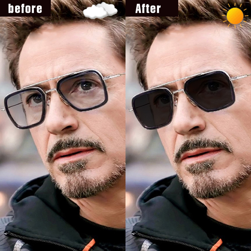 Top Quality Tony Stark Square Sunglasses Pochromic Polarized Men Glasses Steampunk Eyewear Driving Goggles zonnebril heren 220621