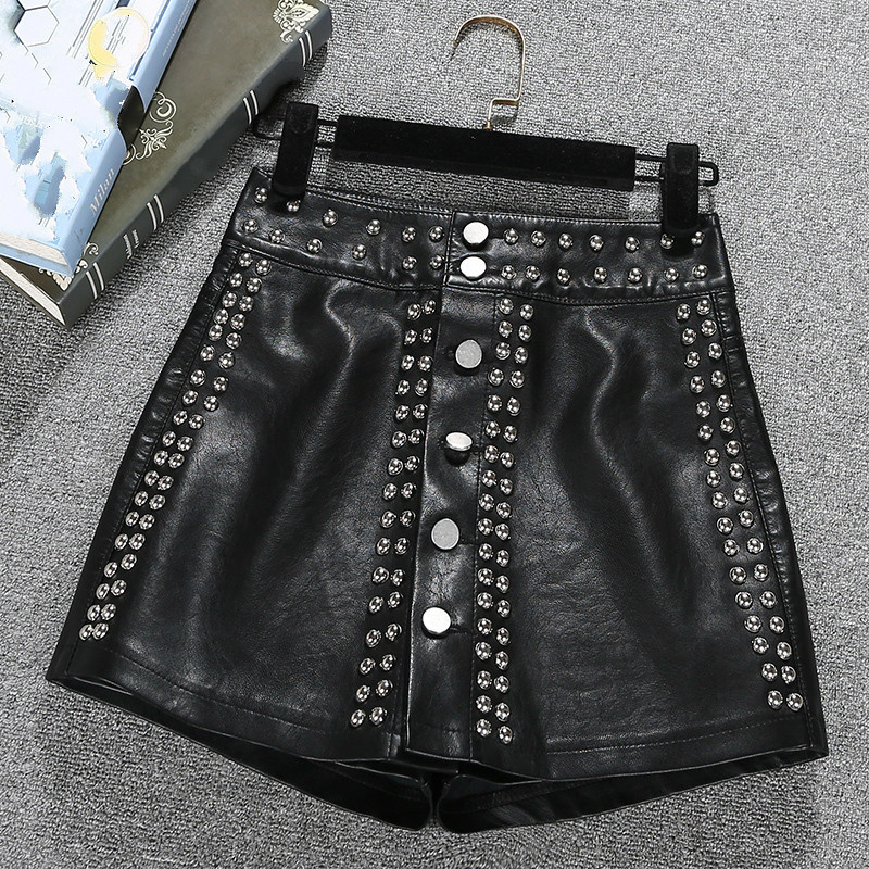 Women's High Waist A-Shaped Leather Shorts With Rivet Detail - Black