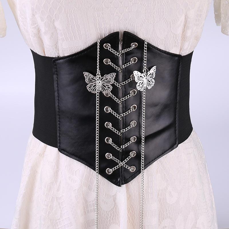 

Belts Gothic Corset Wide Pu Leather Slimming Body Butterfly Chain Women Elastic High Waist Feminin Ceinture Femme Fajas, White