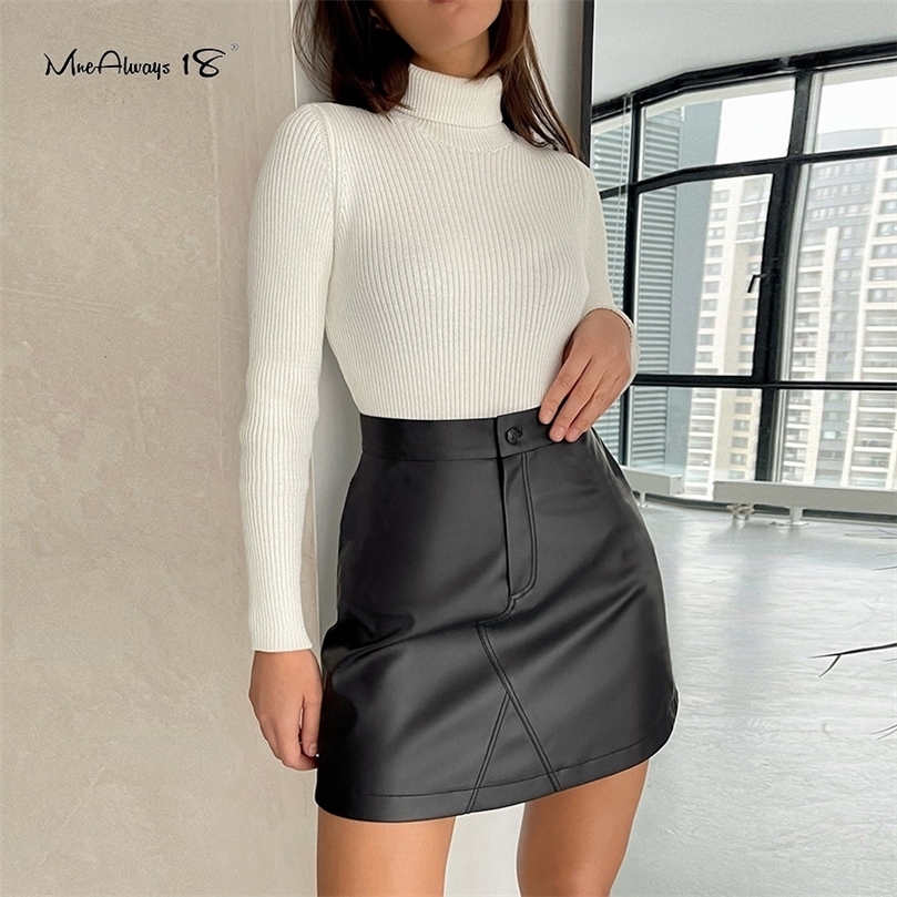 Mnealways18 Vintage Leather Women Skirts Bodycon High Waist A-Line Skirt Button Fashion Work Winter Ladies Short Zipper 220317