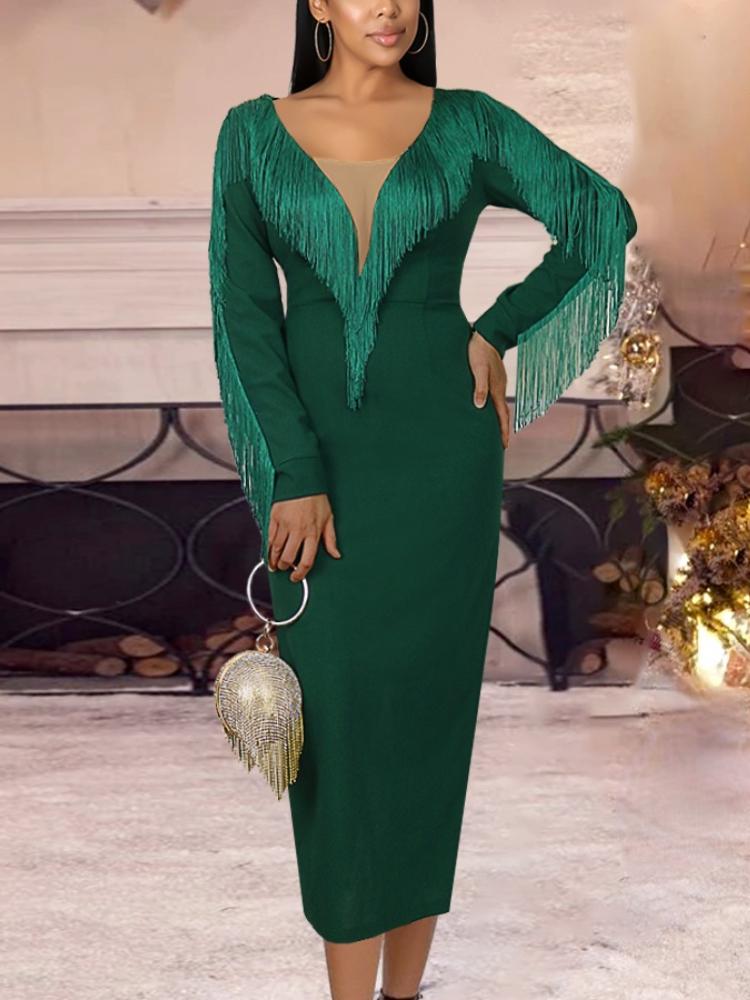 Casual Dresses Women Green Tassel Sexy See Through V Neck Long Sleeve Fringe Dress Large Size Curve Ladies Party Club Evening Outfits
Casual Dresses Women Green Tassel Sexy See Through V Neck Long Sleeve Fringe Dress Large Size Curve Ladies Party Club Evening Outfits