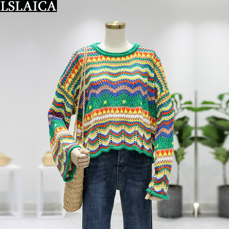 Sweater Women Long Sleeve Colorful Stripes Stitching O Neck Casual Sweaters For Knit Fashion Autumn Winter Loose 220810