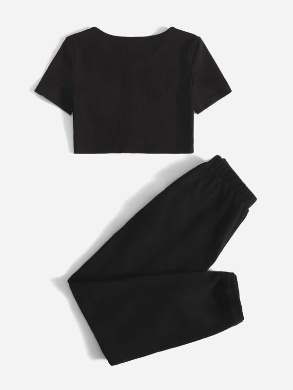 Girls Button Up Tee and Slant Pocket Joggers Set SHE