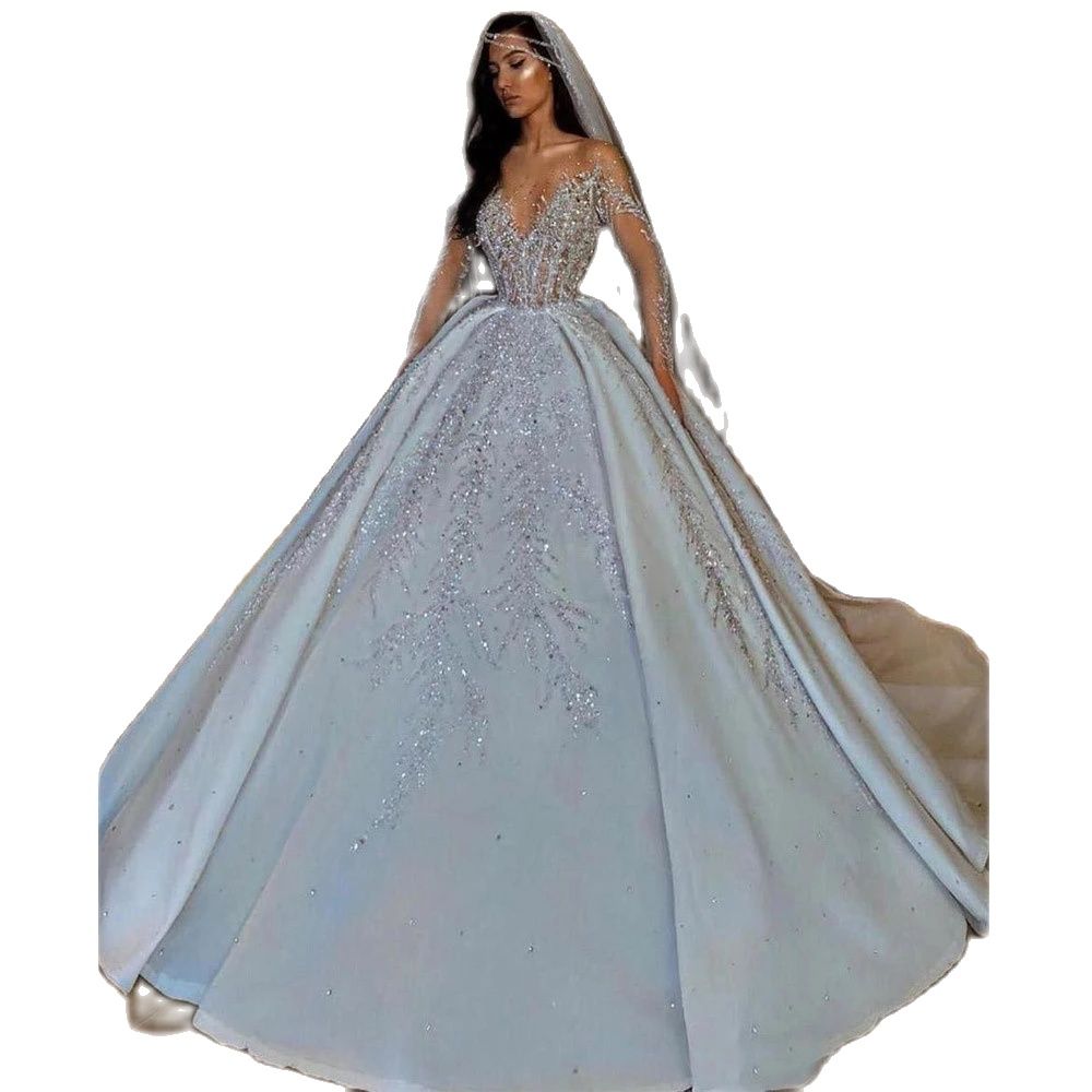 Princess Ball Wedding Dresses Long Sleeve Sexy V Neck Sequis Beaded Appliqued Embroidery or Length Bridal Gown Vintage Plus Size robes de soiree