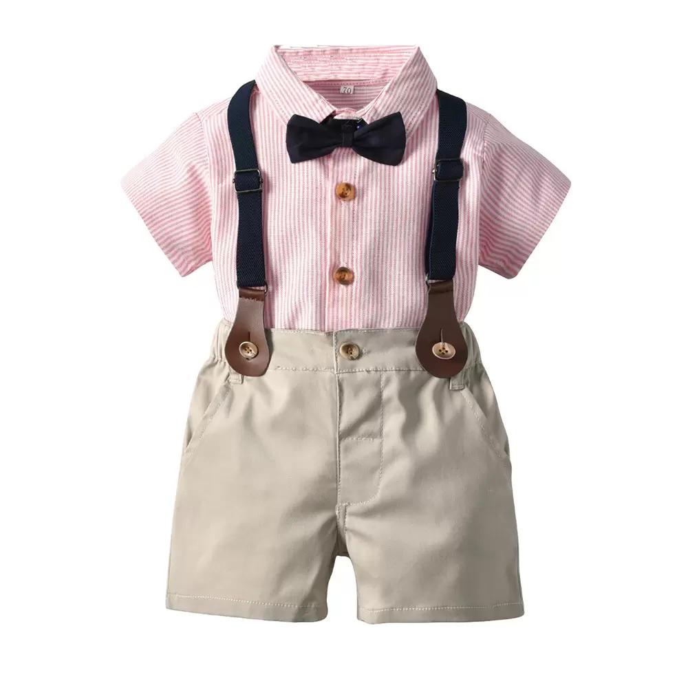 Boys performance sets children Bows tie stripe lapel short sleeve shirt suspender shorts 2pcs summer kids casual outfits