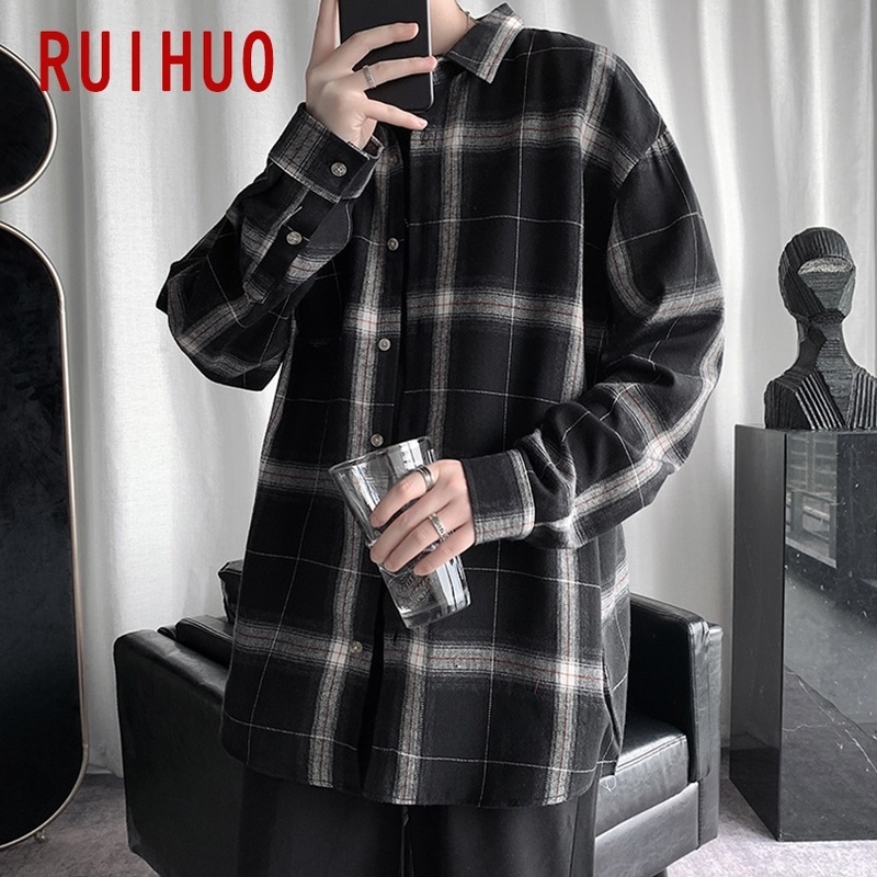 RUIHUO Plaid Shirts For Men Clothing Fashion Long Sleeve Shirt Harajuku s Casual Slim Fit M-3XL 220322