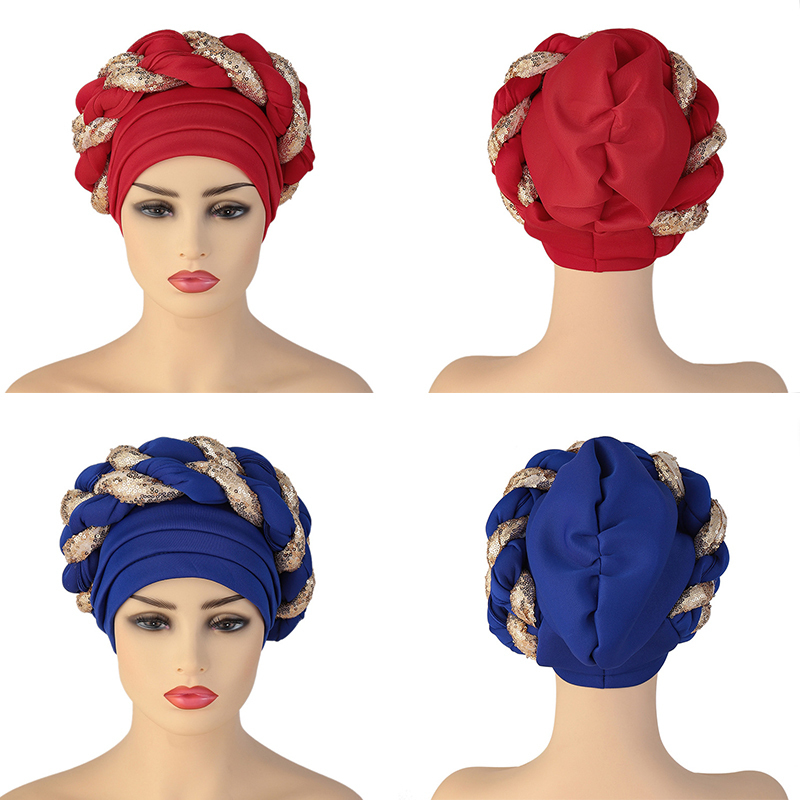 Arab Wrap Muslim Scarf Hijabs Turbans African Headtie Sequin Braid Hat for Women Pleated Beanie Headwrap Hair Accessories 220725