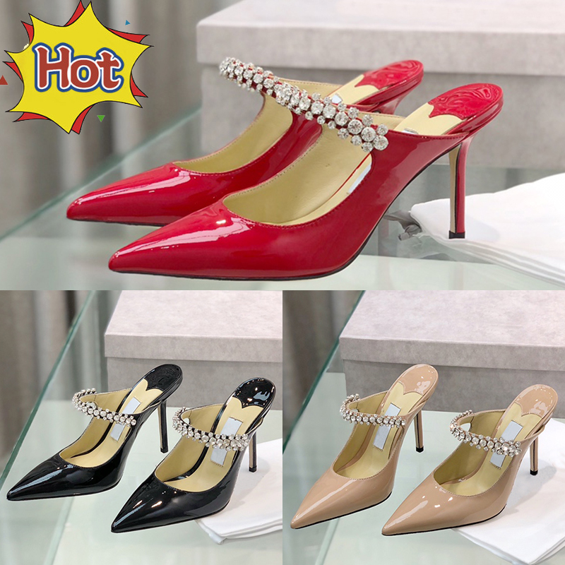 2024 Designer dress shoes London Bing 100 85 65 Mules Crystal Strap Pumps wedding sandal Black red linen ballet pink Patent heel Height women party sandals