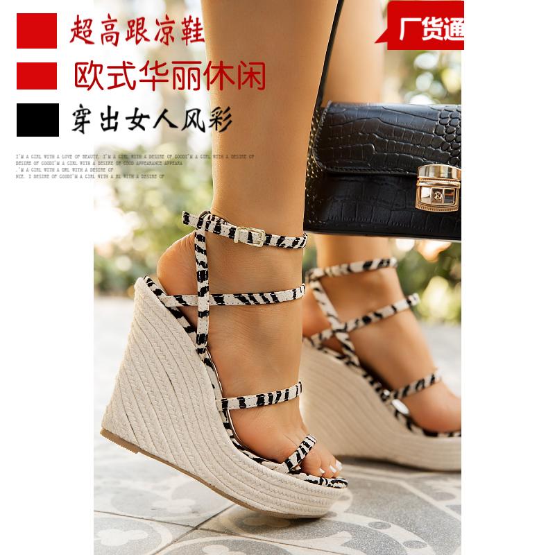 Sandals Large Size Women 2022 Summer Thick-soled Rope Woven High-heeled Women's Shoes Floral Belt Beach BlackSandalsSandals