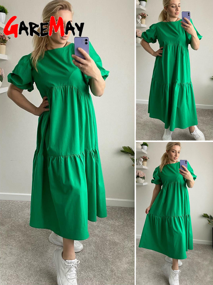 Casual Women Summer Maxi Dress 100% Cotton O Neck A-line Oversize Short Sleeve Midi Dress Puff Sleeve White Green Long Dress 220510