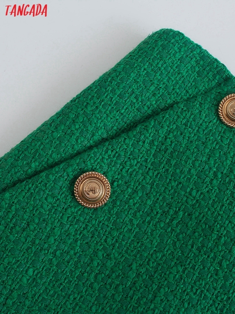 Tangada Women Green Tweed Skirts Faldas Mujer Zipper French Style Female Mini Skirt 8Y195 220317